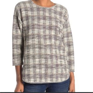 Max Studio Black Cream & Tan Textured Plaid Top, 3/4 Sleeves, Braided Trim, Sz M